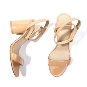 Tory Burch Patent Leather Strappy Block Heel Sandals in Nude